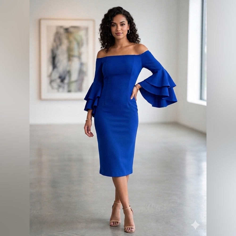 Vince Camuto Off-the-Shoulder Royal‎ Blue Ruffle Sleeve Sheath Dress